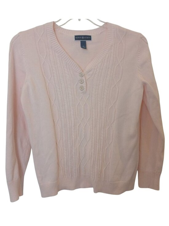 Karen Scott Tops - Karen Scott Pink Cable Knit Sweater Button VNeck Size S Cotton Long Sleeve #I-2